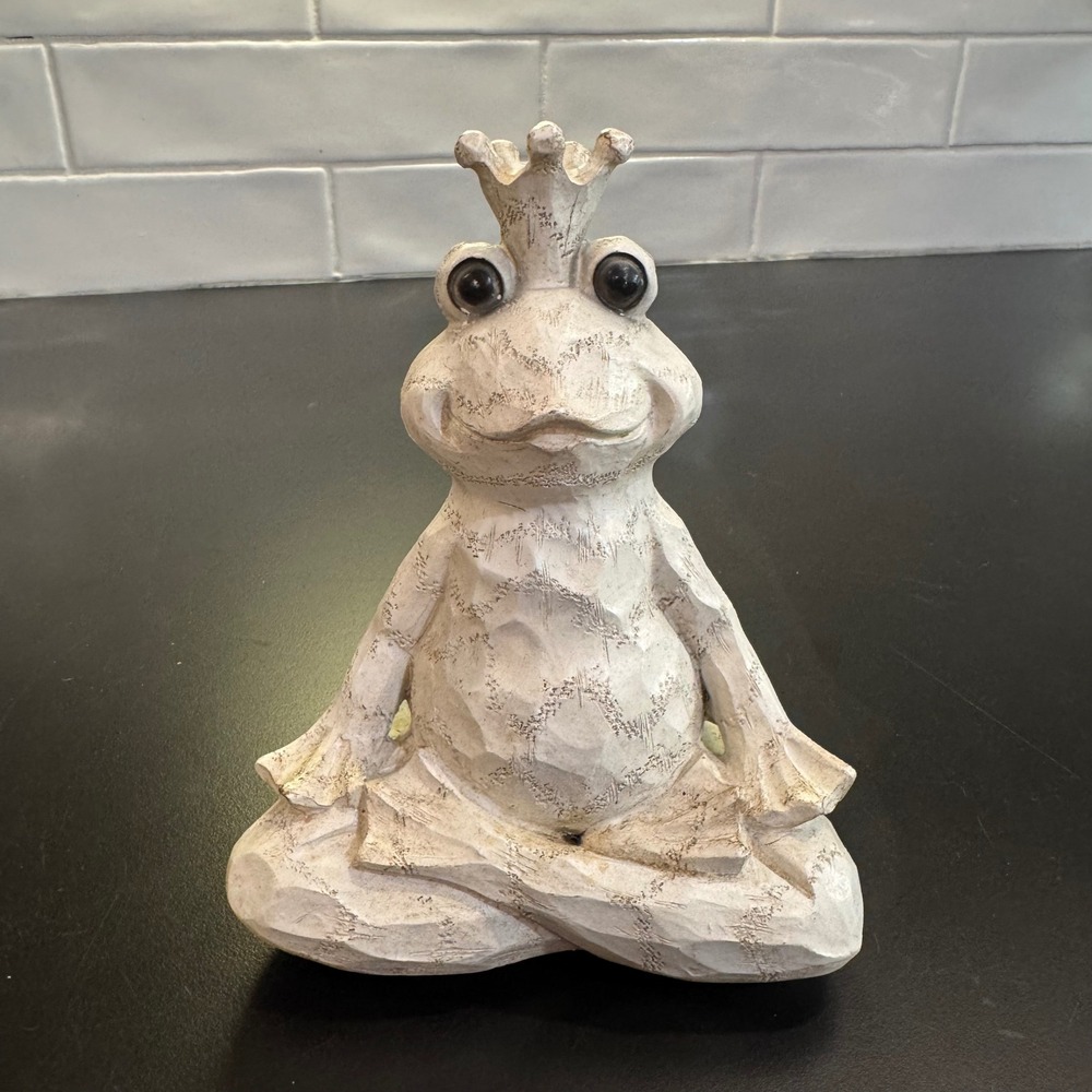 Yoga Frog Figurine Home Decor 6.5in White Distressed Crowned Meditating Prince
